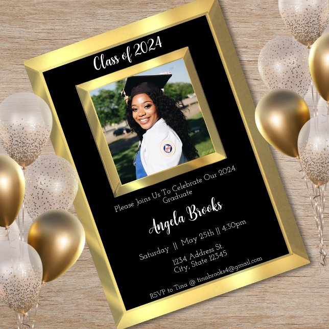 Svart och Guld-avfasat foto-Studentfest Inbjudningar (Black & Gold Beveled Photo Graduation Party Invitation)