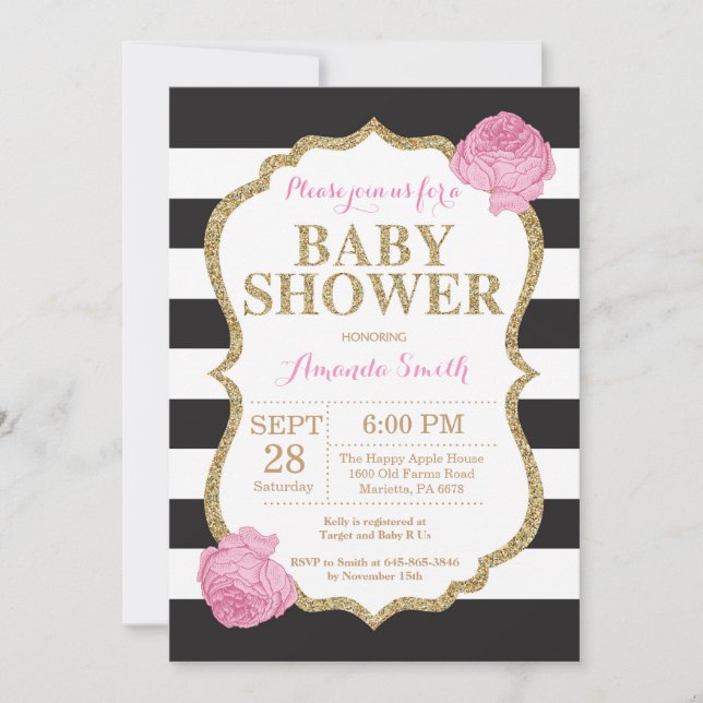 Svart och guld baby shower inbjudan glitter (Framsida)