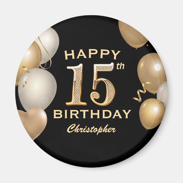 Svart och Guld-ballonger med 15:e Födelsedagsfeste Magnet (Framsidan)