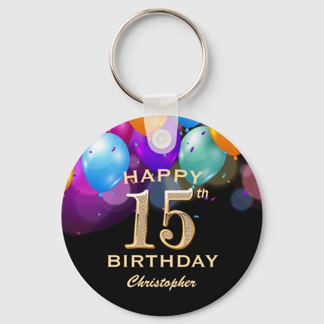 Svart och Guld-ballonger med 15:e Födelsedagsfeste Nyckelring (Framsida)