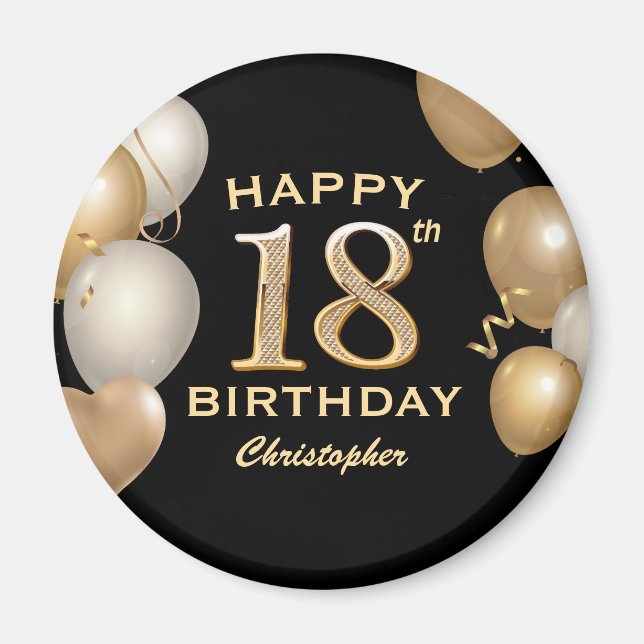 Svart och Guld-ballonger med 18:e Födelsedagsfeste Magnet (Framsidan)