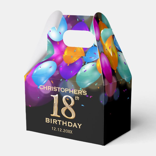 Svart och Guld-ballonger med 18:e Födelsedagsfeste Presentaskar (Framsidan Sidan)