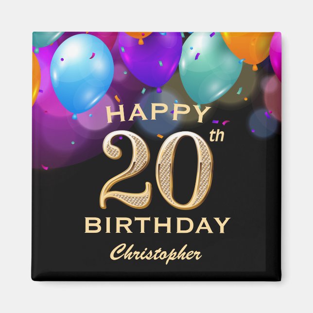 Svart och Guld-ballonger med 20:e Födelsedagsfeste Magnet (Framsidan)