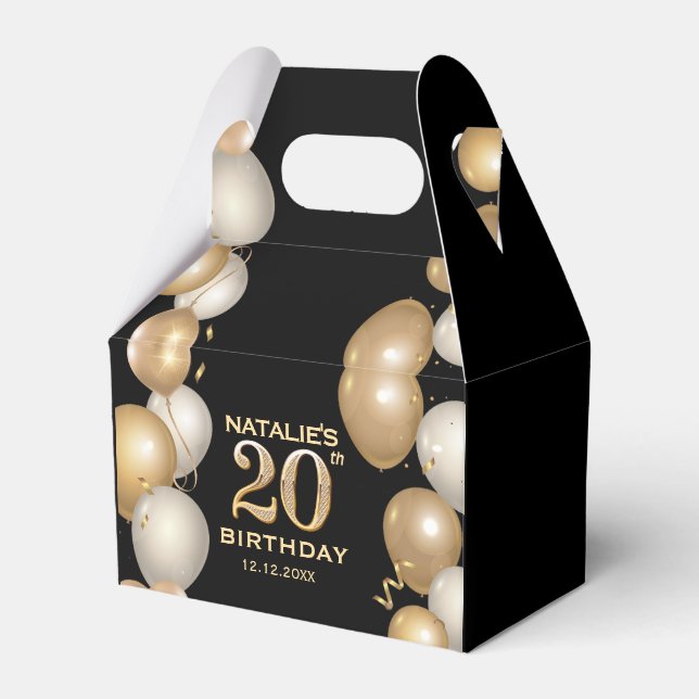 Svart och Guld-ballonger med 20:e Födelsedagsfeste Presentaskar (Framsidan Sidan)