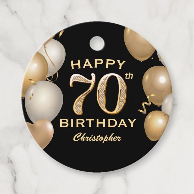 Svart och Guld-ballonger med 70 Födelsedagsfester Gåvor Etiketter (Framsida)