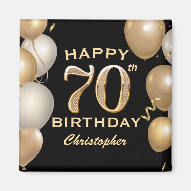 Svart och Guld-ballonger med 70 Födelsedagsfester Magnet (Framsidan)