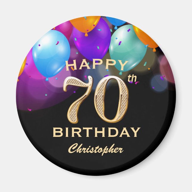 Svart och Guld-ballonger med 70 Födelsedagsfester Magnet (Framsidan)