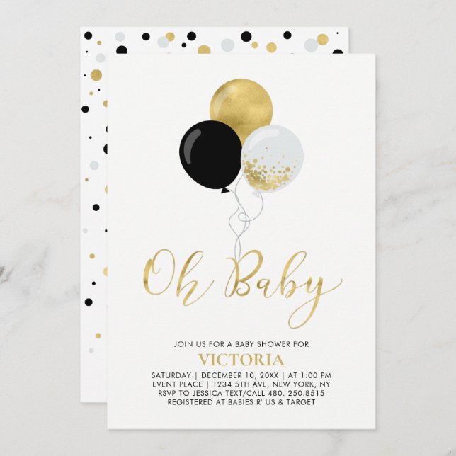 Svart och Guld-ballonger | Oh Pojke Baby Shower Inbjudningar (Fram/baksida)