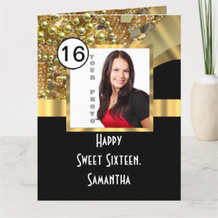 Svart och guld bling sweet sixteen tack kort