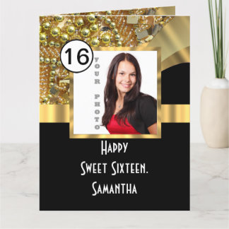Svart och guld bling sweet sixteen tack kort