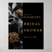 Svart och guld blommig bröllopsfest välkomstskylt