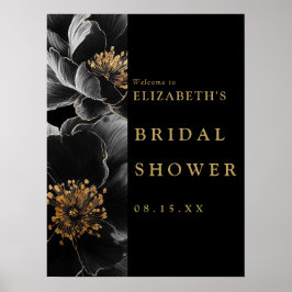 Svart och guld blommig bröllopsfest välkomstskylt poster