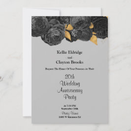 Svart Och Guld Blommig Bröllopsjubileum Fest Inbjudningar