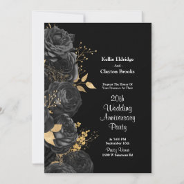 Svart och guld blommig bröllopsjubileum fest inbjudningar