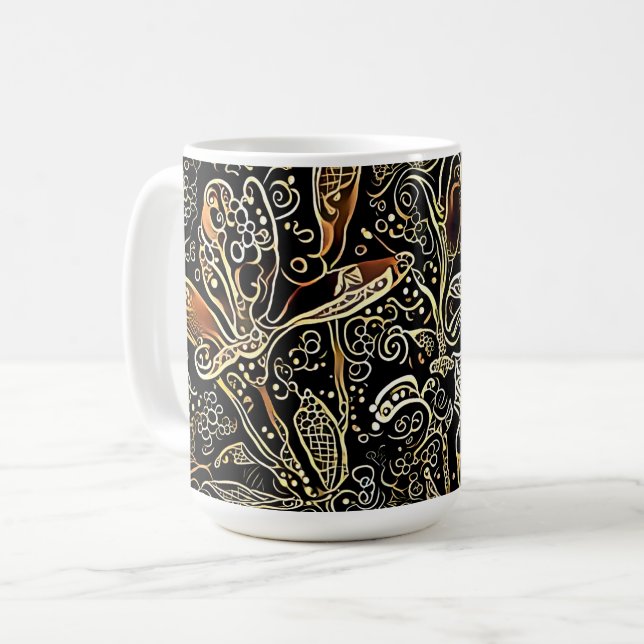 Svart och guld blommig design konst kopp mugg (Framsida vänster)