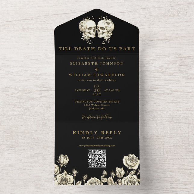 Svart och guld blommig dödskalle QR-kod Goth bröll (Insida)