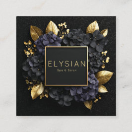 Svart och Guld Blommig Geometrisk Hydrangea Fyrkantigt Visitkort