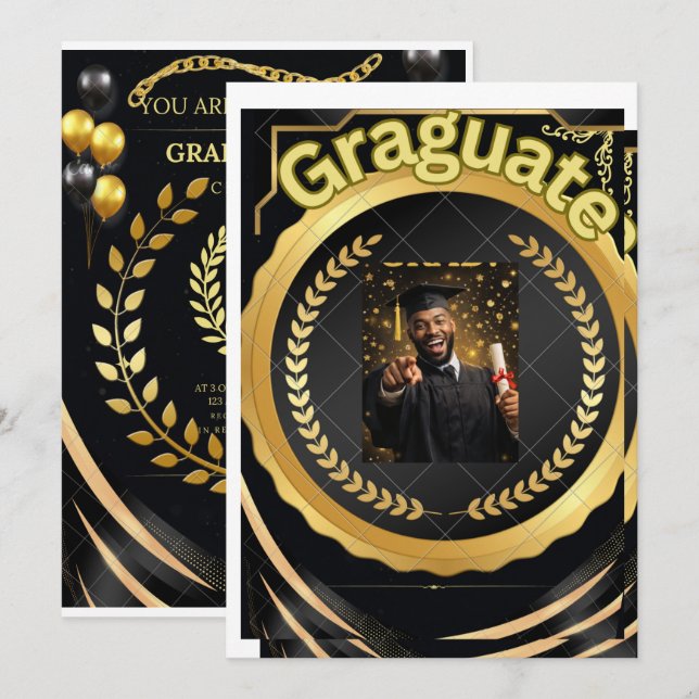Svart och guld blommig inbjudningskort | Elegant L (Fram/baksida)