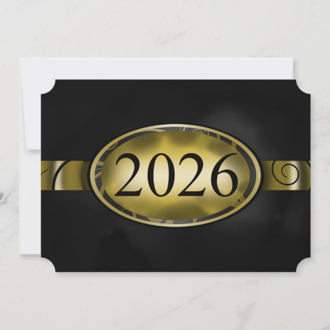 Svart och guld blommig knapp 2026-kort inbjudningar (Framsida)
