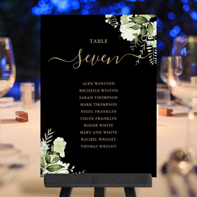 Svart Och Guld Blommig Placeringsplan Bordnummer Inbjudningar (Black And Gold Floral Seating Plan Table Number)