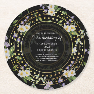 Svart och guld blommig, underlägg papper rund