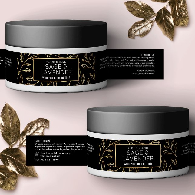 Svart och Guld Blommigt 4 OZ Skincare Cosmetic Bur Etikettband (Modern black and gold effect cosmetic jar wraparound label template with floral background)