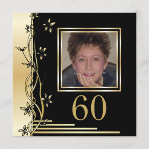 Svart och guld blommigt - 60-årsinbjudan inbjudningar