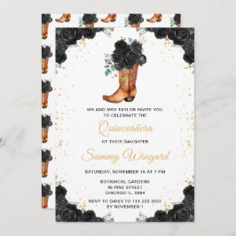 Svart och Guld Blommigt Cowboy Boot Quinceañera Inbjudningar