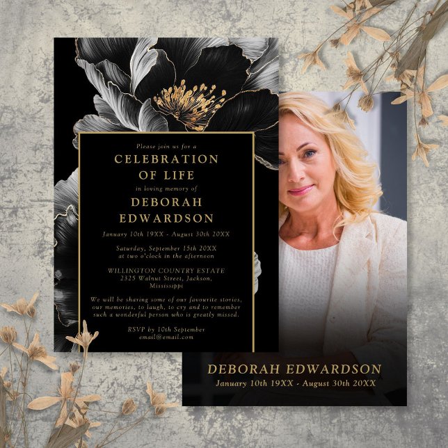 Svart och Guld Blommigt Firande i livets foto Inbjudningar (Black And Gold Floral Celebration Of Life Photo Invitation)