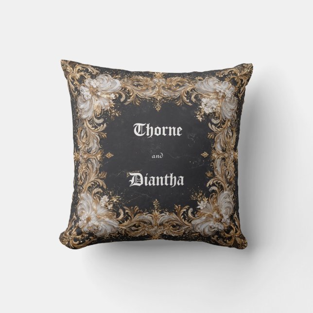 Svart och Guld Blommigt Luxe Bröllop Sticker Kudde (Framsida)