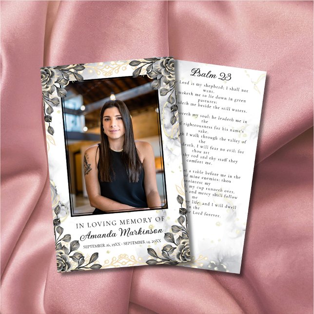 Svart och Guld Blommigt Marble Funeral Prayer Visitkort (Skapare uppladdad)