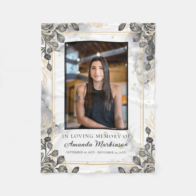 Svart och Guld Blommigt Marble Loving Memory Funer Fleecefilt (Framsidan)