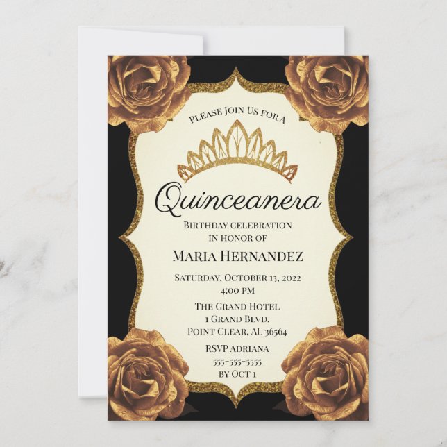Svart och Guld Blommigt Quinceanera Birthday Inbjudningar (Framsida)