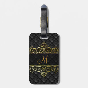 Svart och Guld-Blommigt-skada och Ram-monogram Bagagebricka