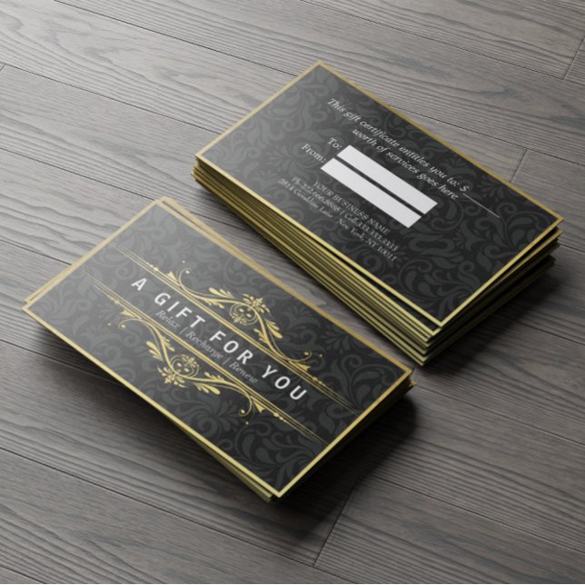 Svart och Guld Blommigt-skadecertifikat Linen Gift Rabattkort (Skapare uppladdad)