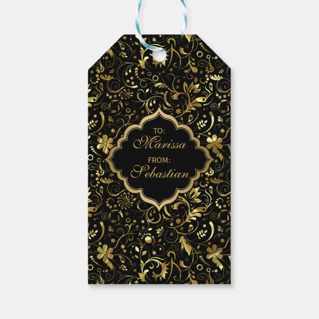 Svart och Guld-Blommigt-skademönster Presentetikett (Baksidan)
