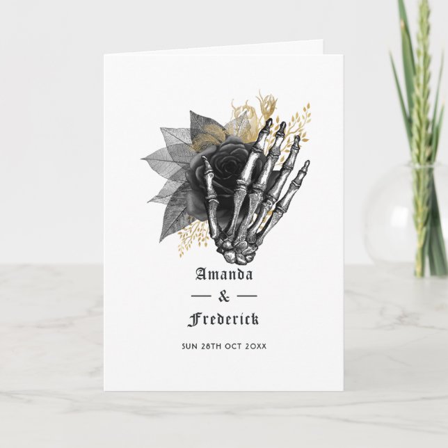 Svart och Guld Blommigt Skeleton Gothic Bröllop Program (Framsida)
