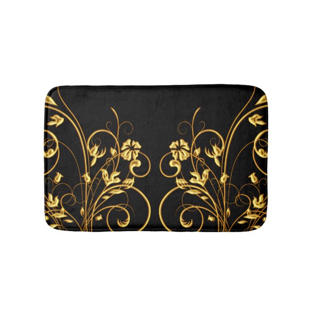 Svart och Guld Blommigt Swirl Bath Mat Badrumsmatta (Framsidan)