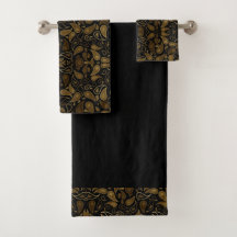 Svart och Guld Blommönster Elegant Towel Set