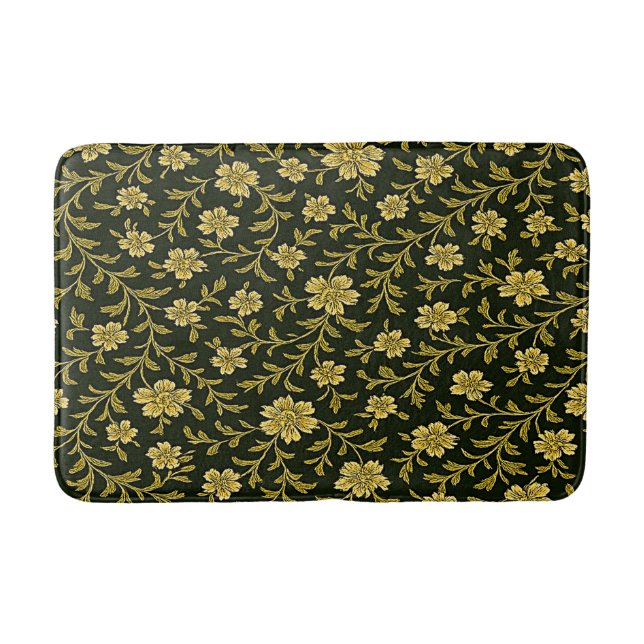 Svart och guld blomster  badrumsmatta (Framsidan)
