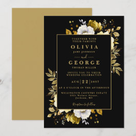 Svart och guld blomster botanisk modern bröllopsfe inbjudningar