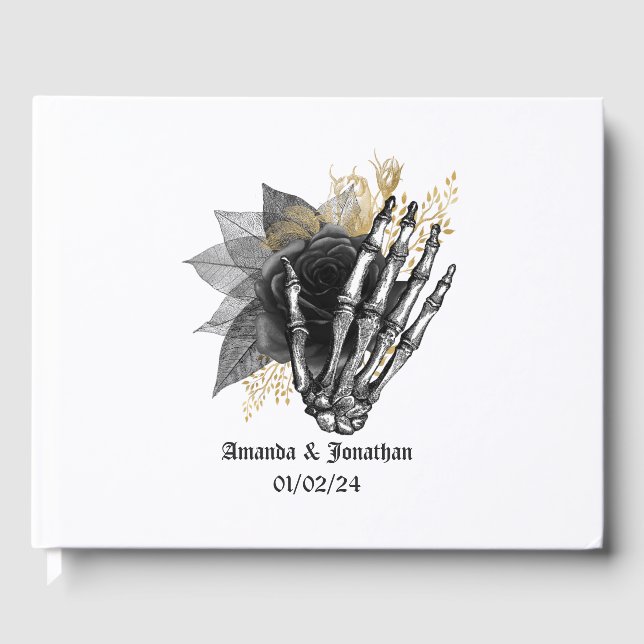 Svart och guld blomster gotisk bröllopsgästbok gästböcker (Framsida)