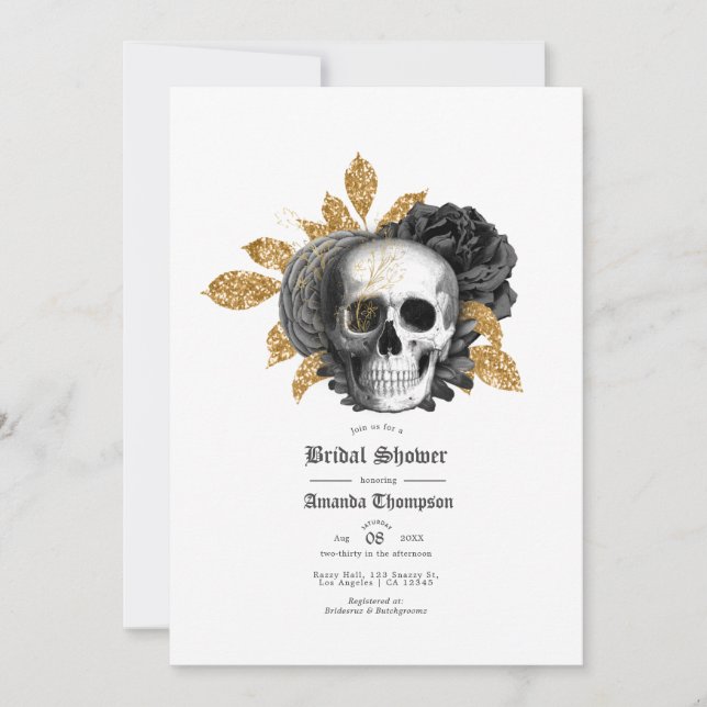 Svart och guld blomster skalle gotisk bröllopsdusc inbjudningar (Framsida)