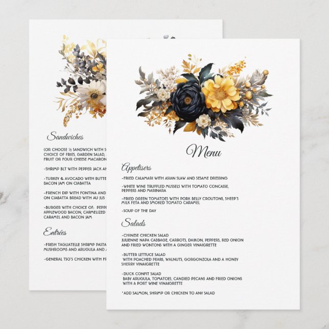 Svart och guld blomsterbröllop meny (Fram/baksida)