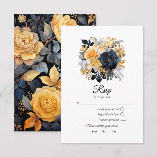 Svart och guld blomsterbröllop OSA kort (Fram/baksida)