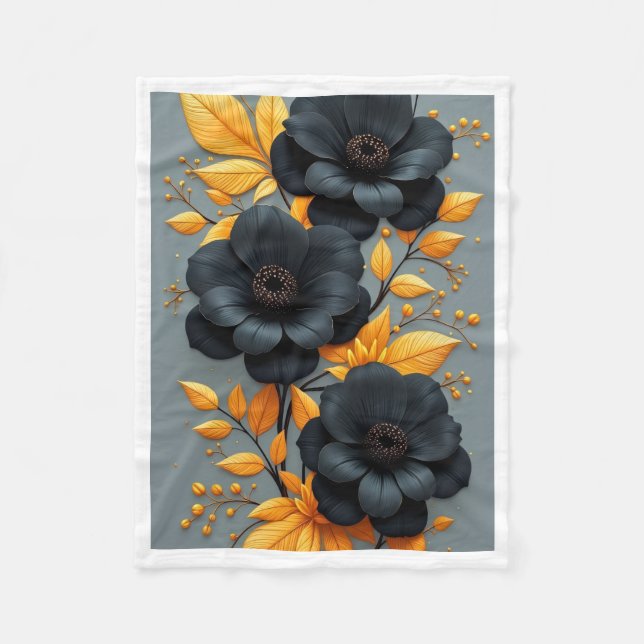 Svart och guld blomsterkastthrow fleecefilt (Framsidan)