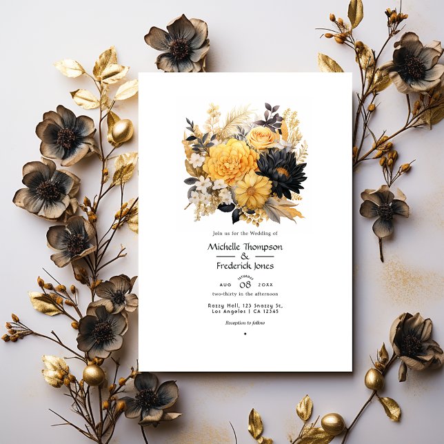 Svart och guld blomsterlig vinterbröllop inbjudningar (Skapare uppladdad)