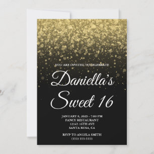 Svart och guld Bokeh Konfetti Sweet 16 Inbjudningar