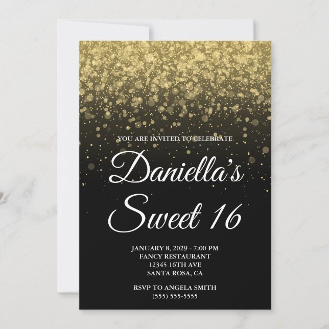 Svart och guld Bokeh Konfetti Sweet 16 Inbjudningar (Framsida)