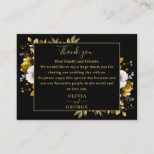 Svart och guld botaniskt blomsterbröllop tack